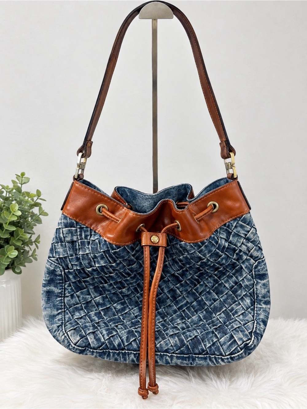 Parrisha Nash Drawstring Denim-QuiltedShoulder Bag with Brown Leather Trim